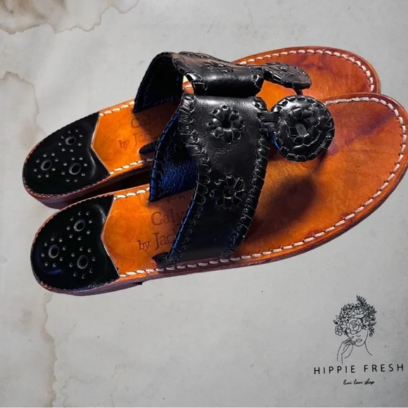 Jack Rogers Calypso Black Whipstitch Leather T-strap Sandals Size 8 - Picture 3 of 8